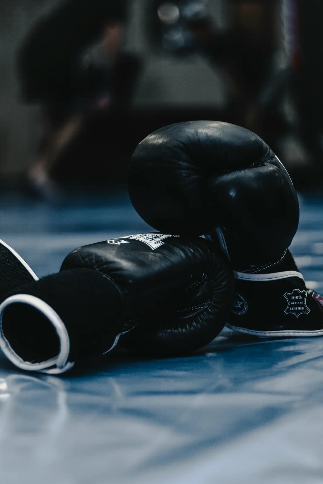 Boxhandschuhe liegen in einer Turnhalle auf dem Boden.