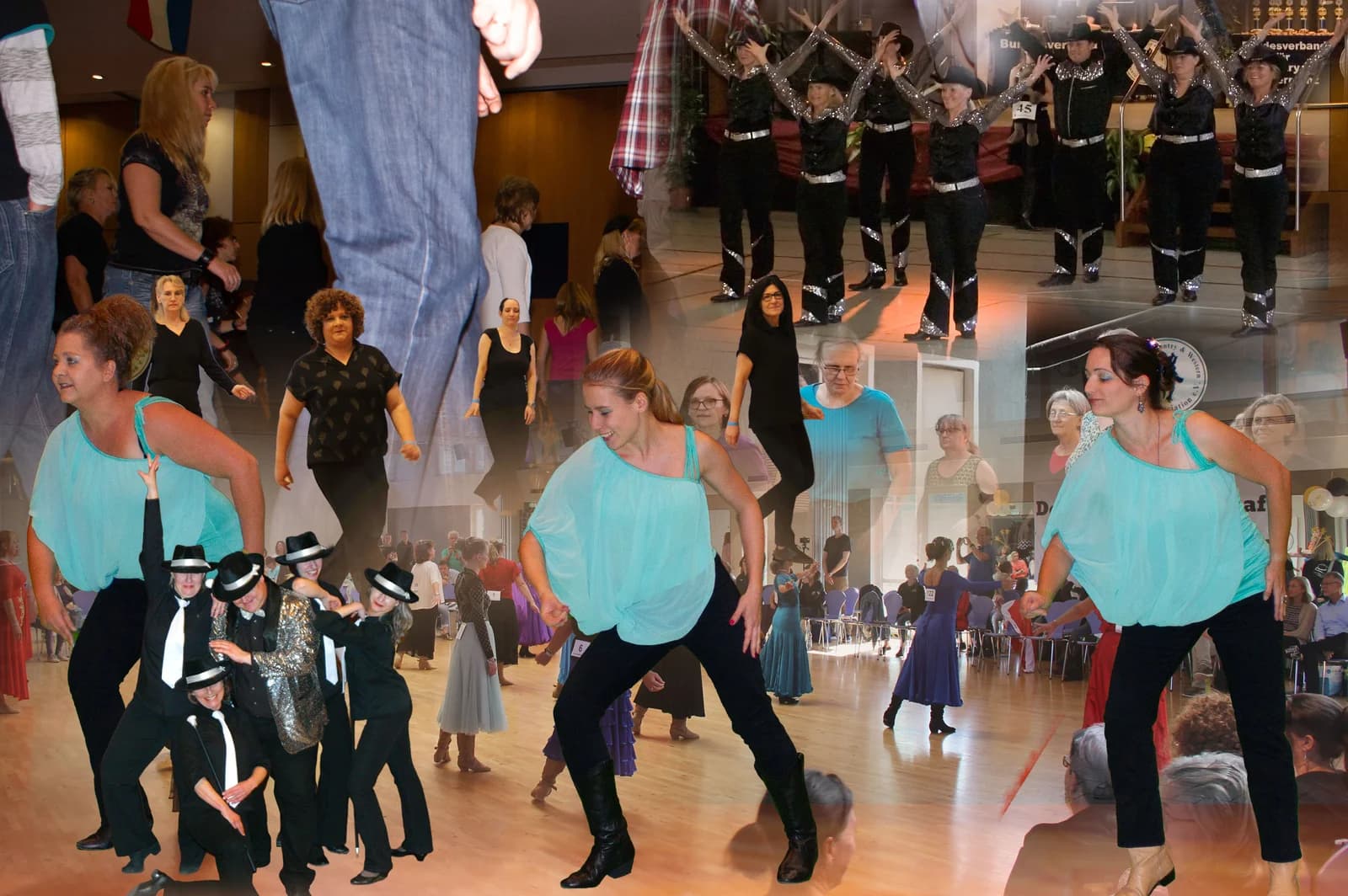 Eine Linedancegruppe tanzt miteinander.