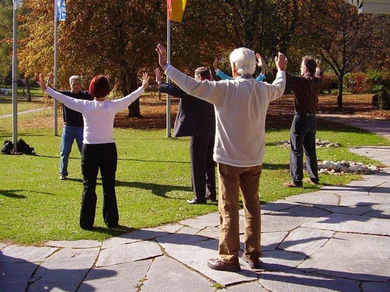 Das Bild zeigt Senioren im Park, die Qi Gong praktizieren, stellvertretend für die Teilnahme bei "Sport im Park".