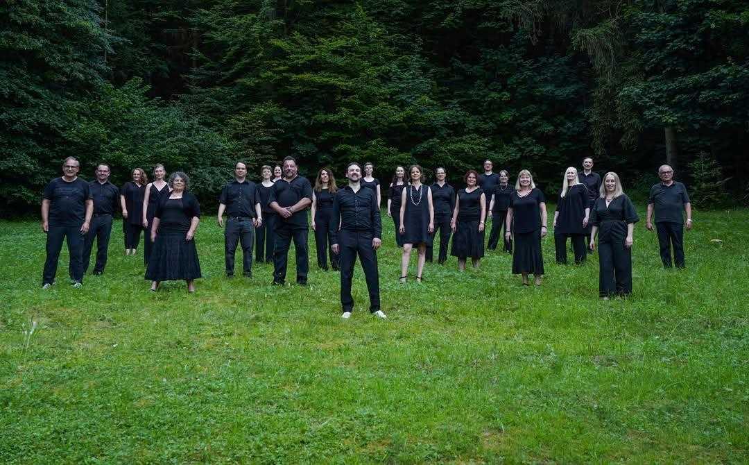 Die Sänger und Sängerinnen des Chors stehen in schwarzer Kleidung auf einer Wiese am Waldrand.