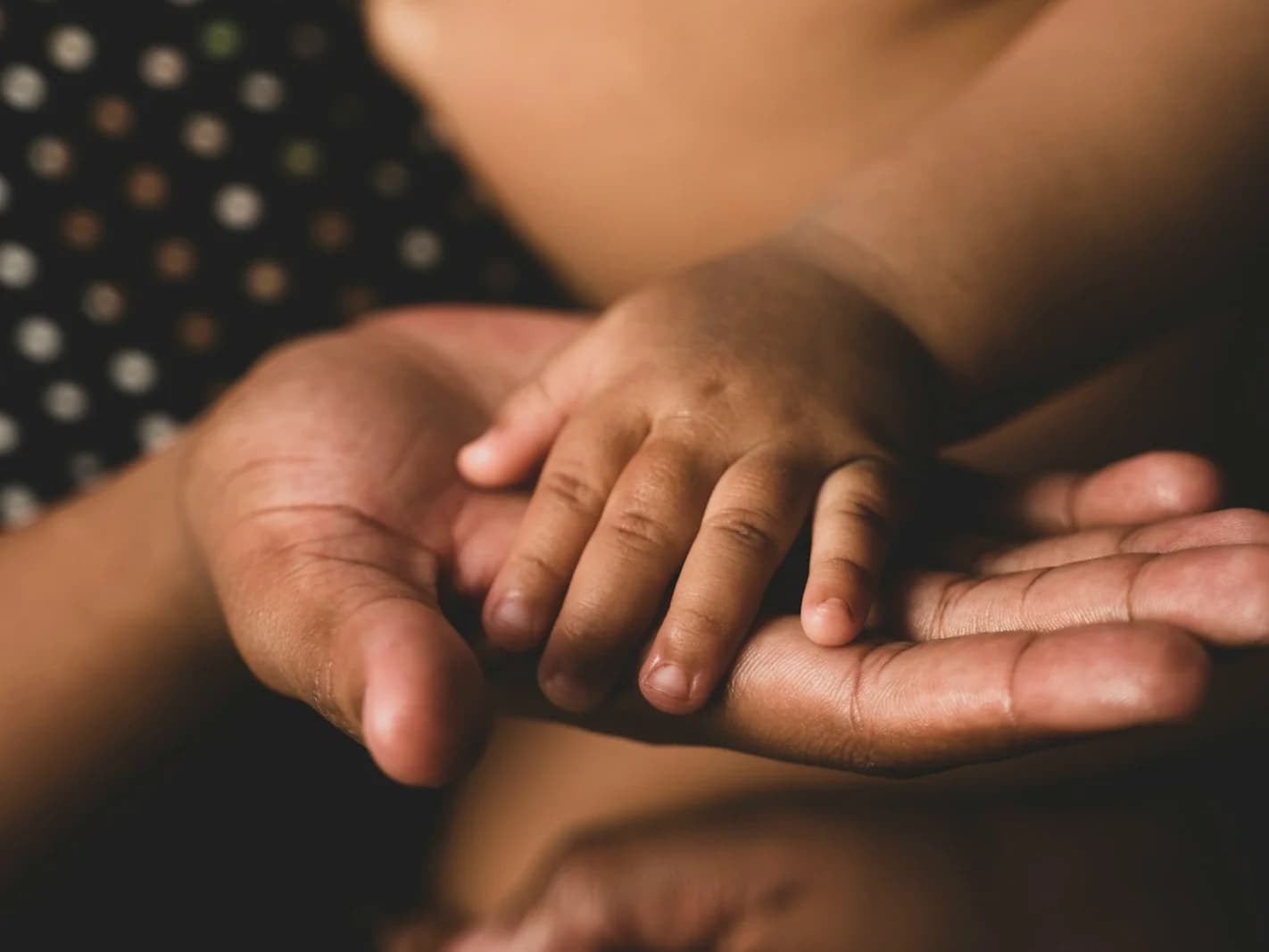 Eine Babyhand liegt auf der geöffneten Hand eines Erwachsenen.