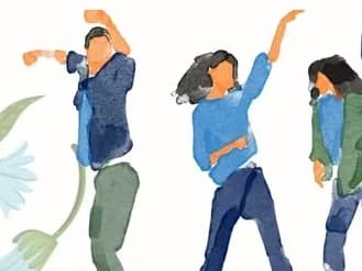 Gemalte Illustration von drei Menschen, die ausgelassen frei tanzen, umgeben von Blumen