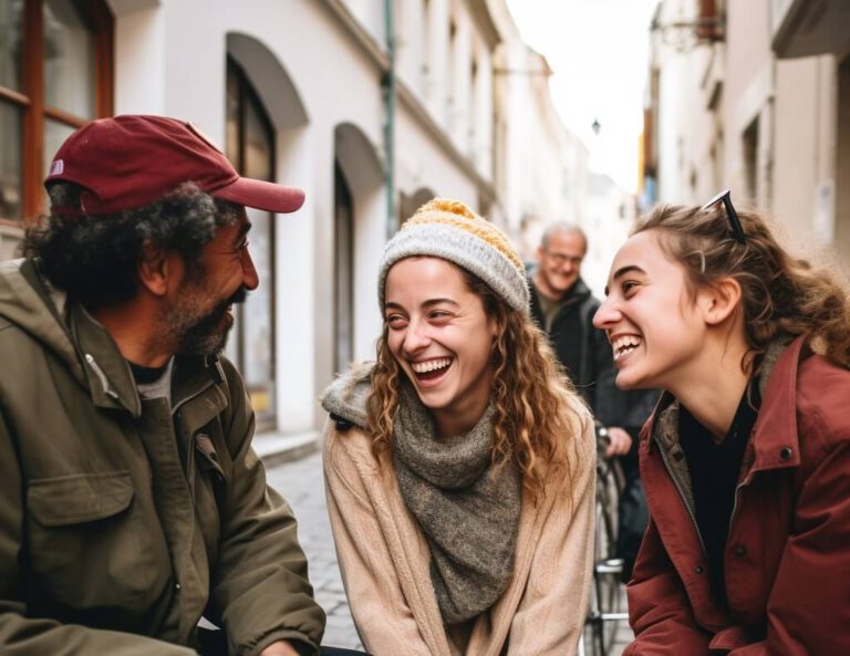 Zwei jüngere Frauen mit einem älteren Mann mit Migrationshintergrund, die in einer Straße in Regensburg lachen