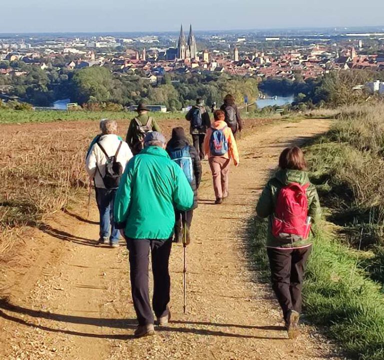 Menschen gehen auf einem Feldweg wandern.